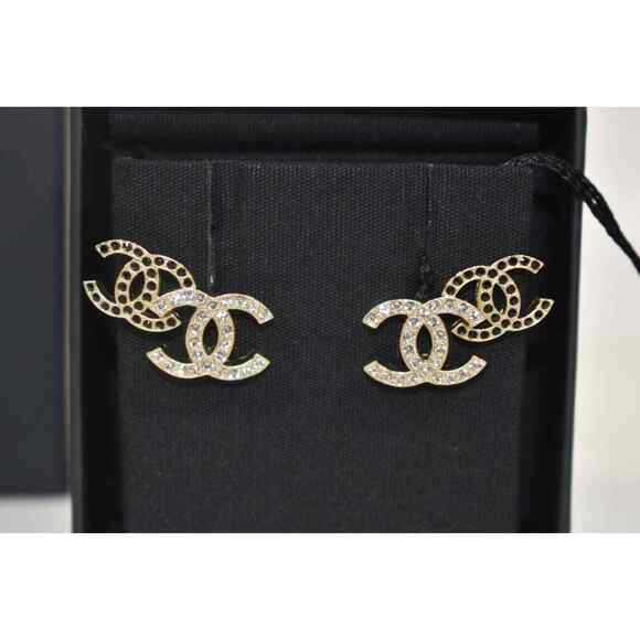 Chanel 22B Gold Black Crystal CC Double Logo Large Dangle Statement Stud Earring - Picture 5 of 12